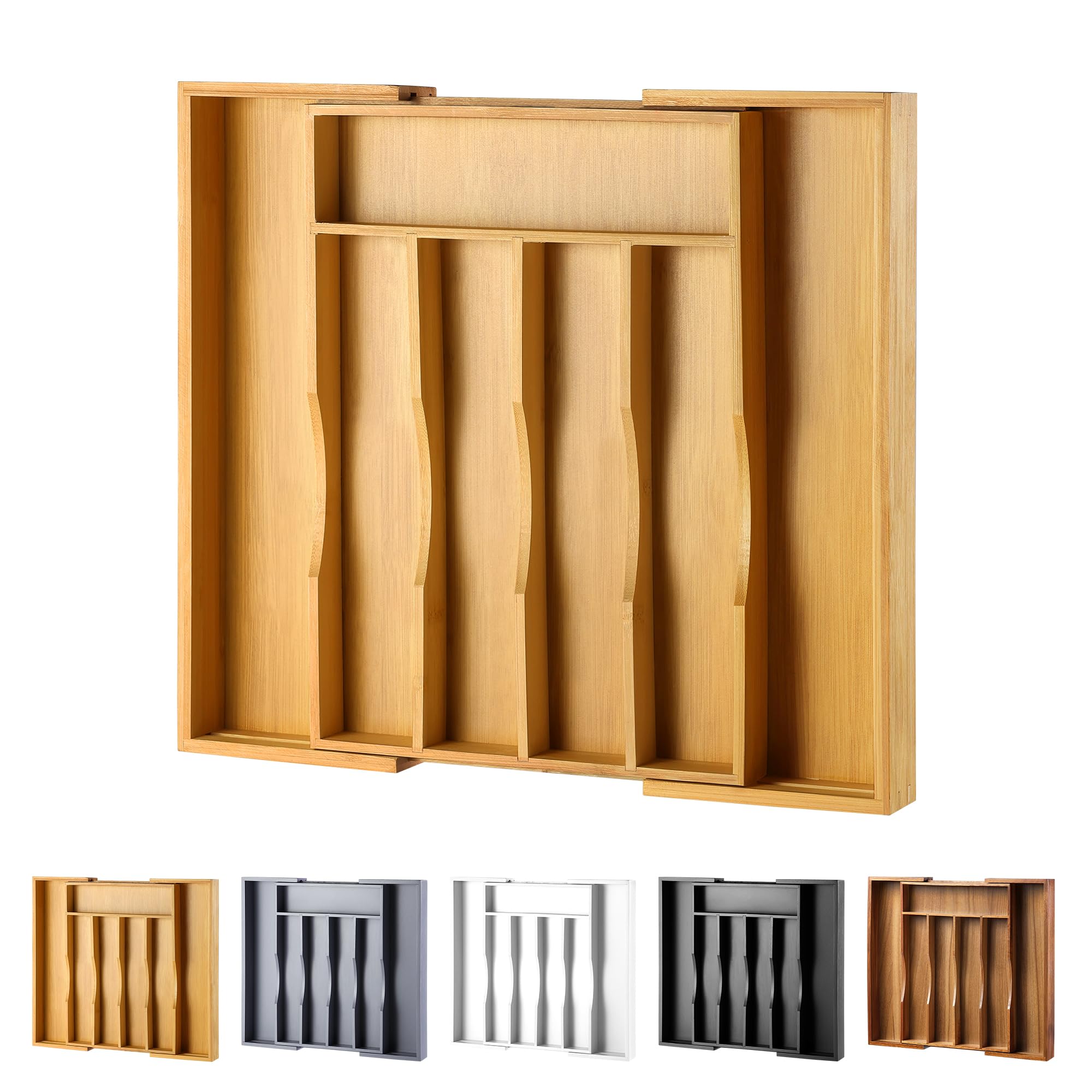 Oridom expandable bamboo drawer organizer cutlery slot for easy access to forks knives and spoons.