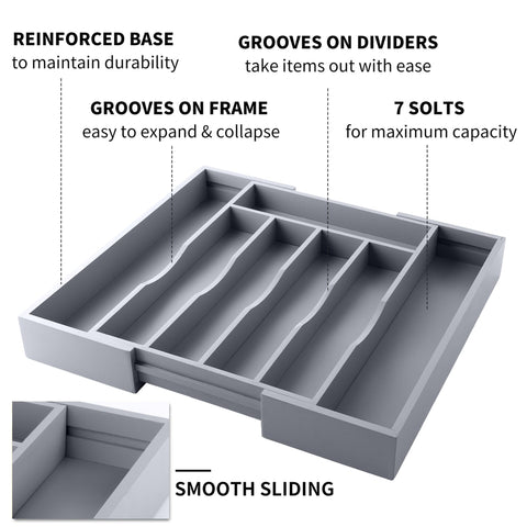 Oridom bamboo cutlery tray grey with multiple sections for utensils