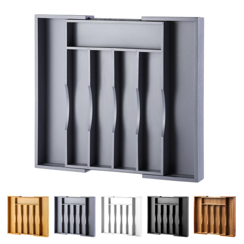 Oridom expandable bamboo drawer organizer in grey, extended width for versatile cutlery storage