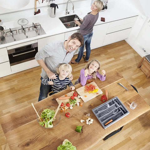 Oridom expandable bamboo organizer, open layout reveals flexible storage