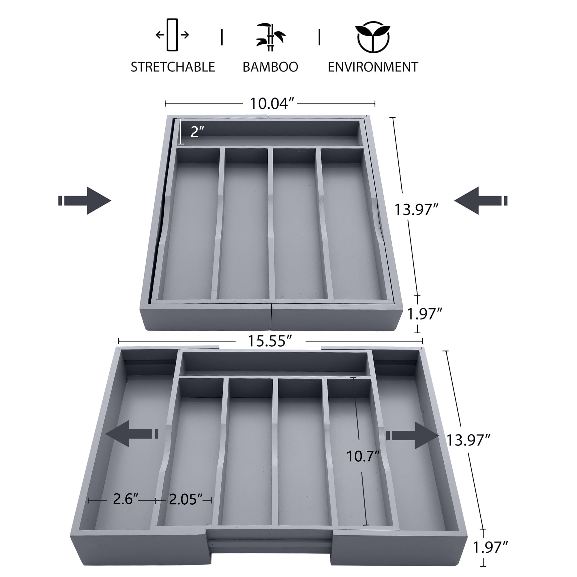 Oridom expandable bamboo organizer, side view, showcasing adjustable compartments