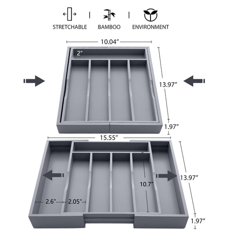 Oridom expandable bamboo organizer, side view, showcasing adjustable compartments