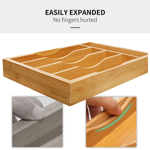 Oridom expandable bamboo drawer organizer natural bamboo finish adds warmth to drawers.