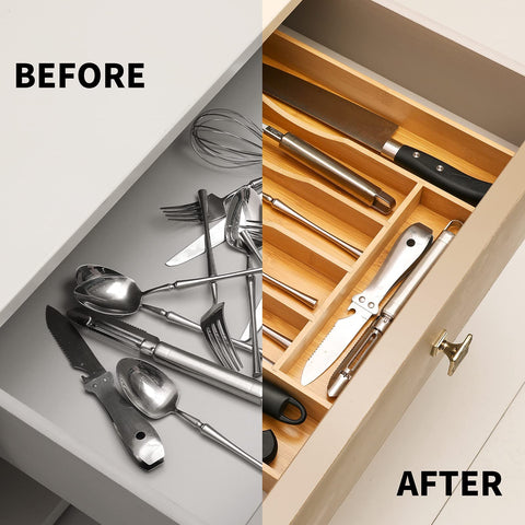 Oridom expandable bamboo drawer organizer smooth sliding rails ease daily use.