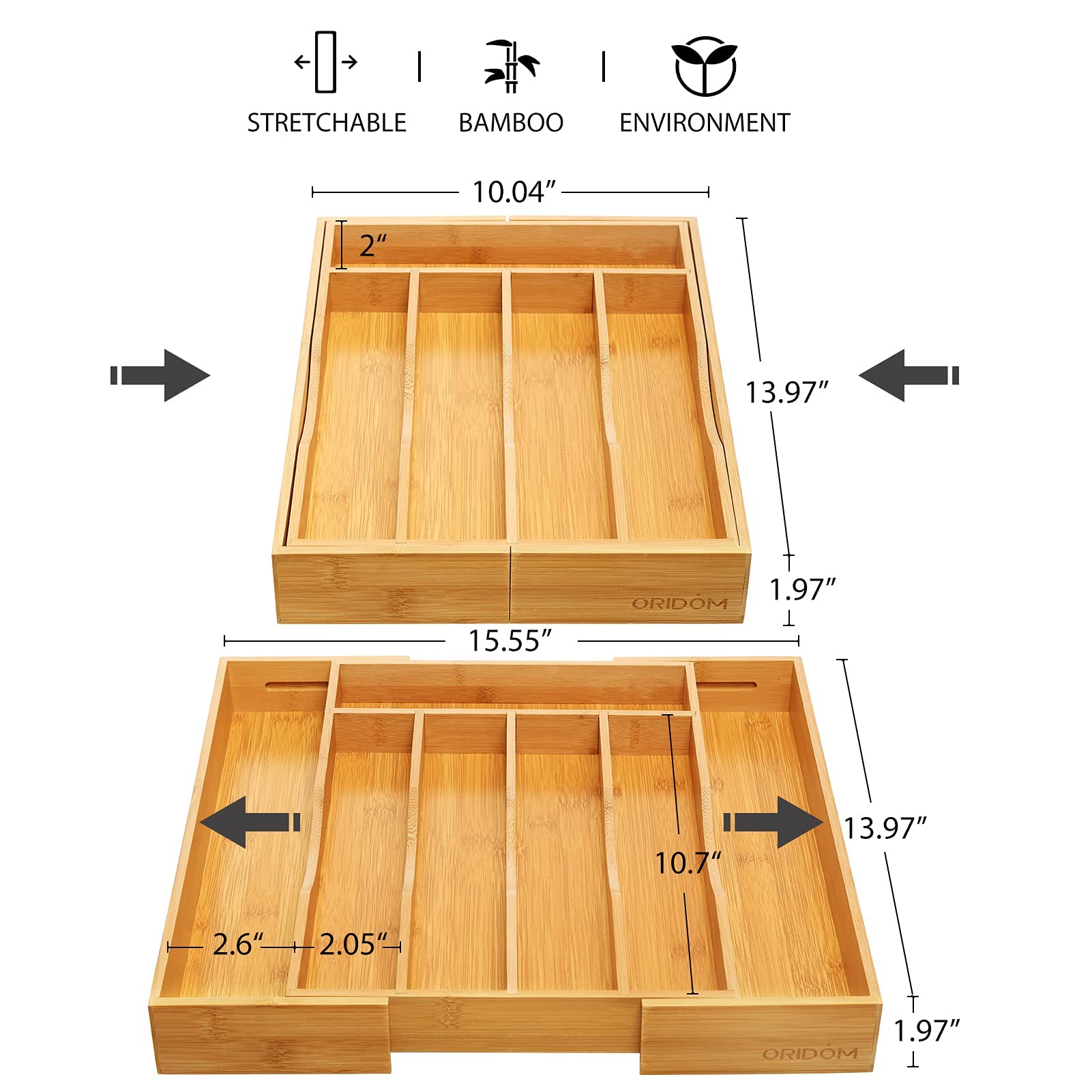 Oridom expandable bamboo drawer organizer utensil compartments keeps large utensils organized and within reach.