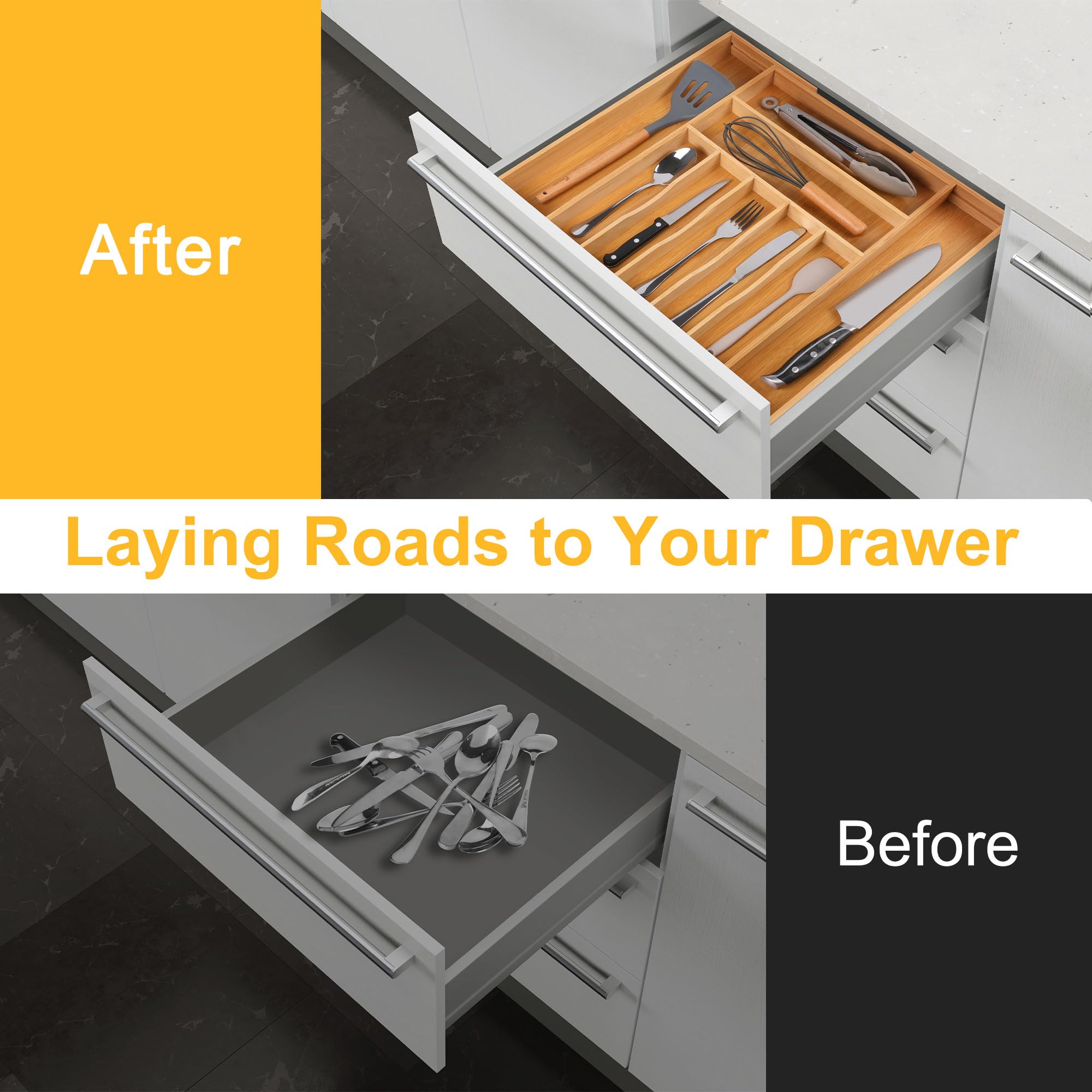 Oridom kitchen drawer organizer bamboo natural material adds sustainable storage in the drawer.