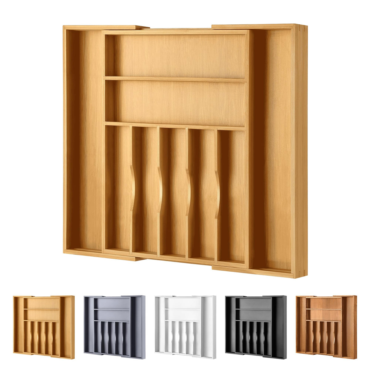Oridom large bamboo silverware organizer expandable drawer keeps utensils neatly organized.