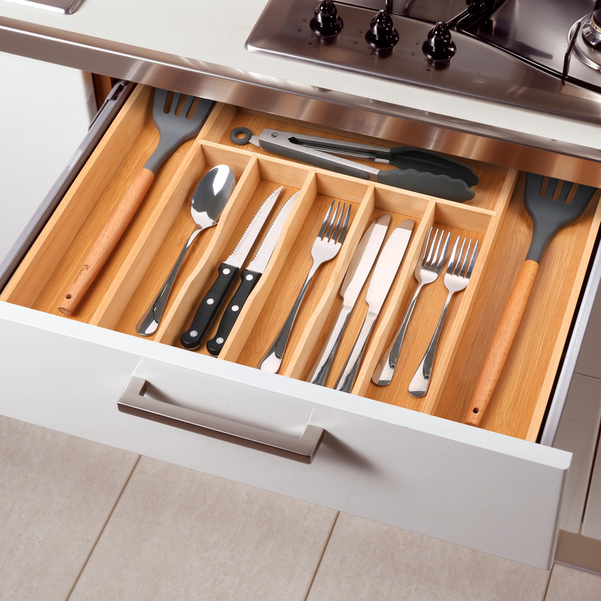 Oridom wooden silverware tray bamboo drawer for easy access to utensils.