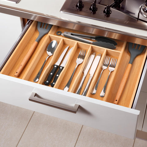 Oridom wooden silverware tray bamboo drawer for easy access to utensils.