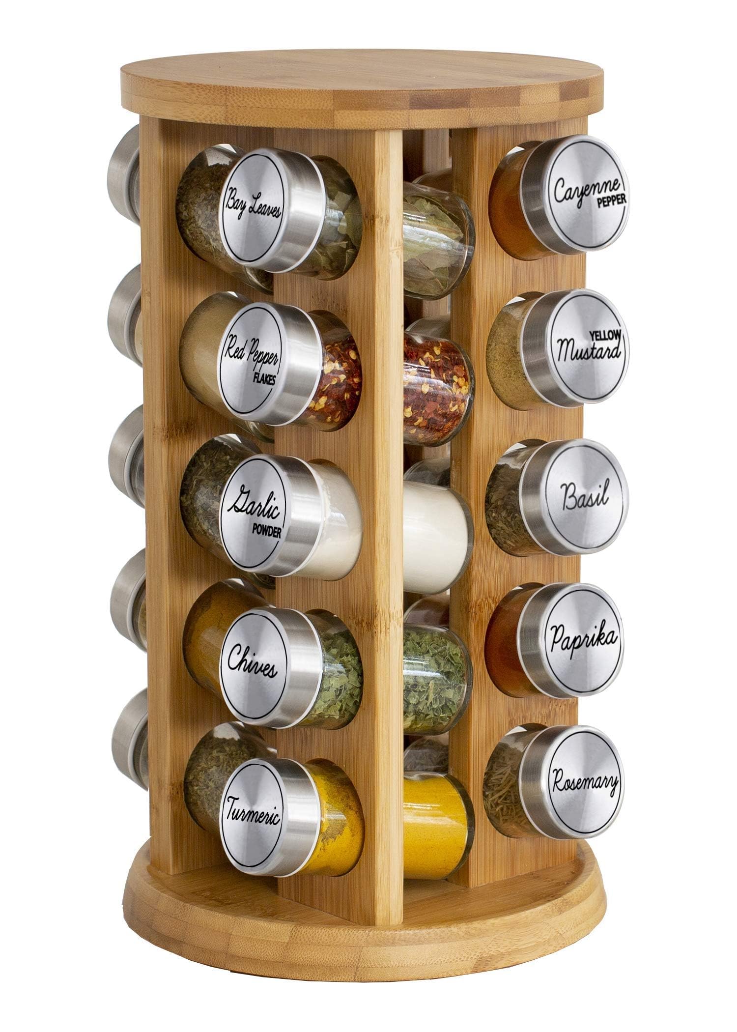 Orii 20-jar bamboo spice rack with rotating base for easy access.