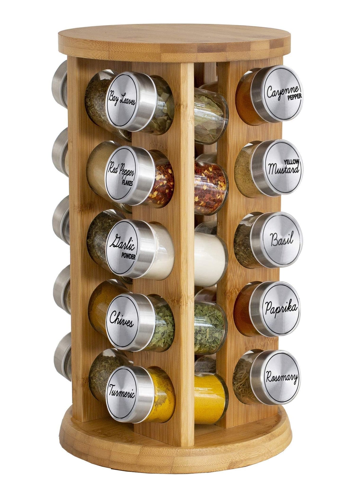 Orii 20-jar bamboo spice rack with rotating base for easy access.