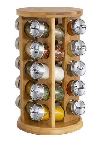 Orii 20-jar bamboo spice rack with rotating base for easy access.