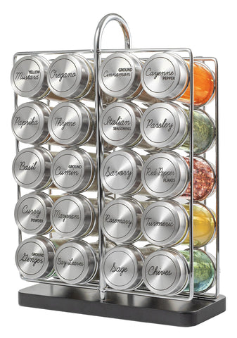Orii 20-jar spice rack standing with organized jars for quick seasoning.