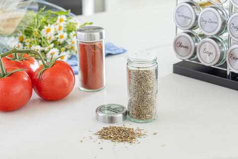 Orii countertop spice rack tower placed on a clean kitchen counter.