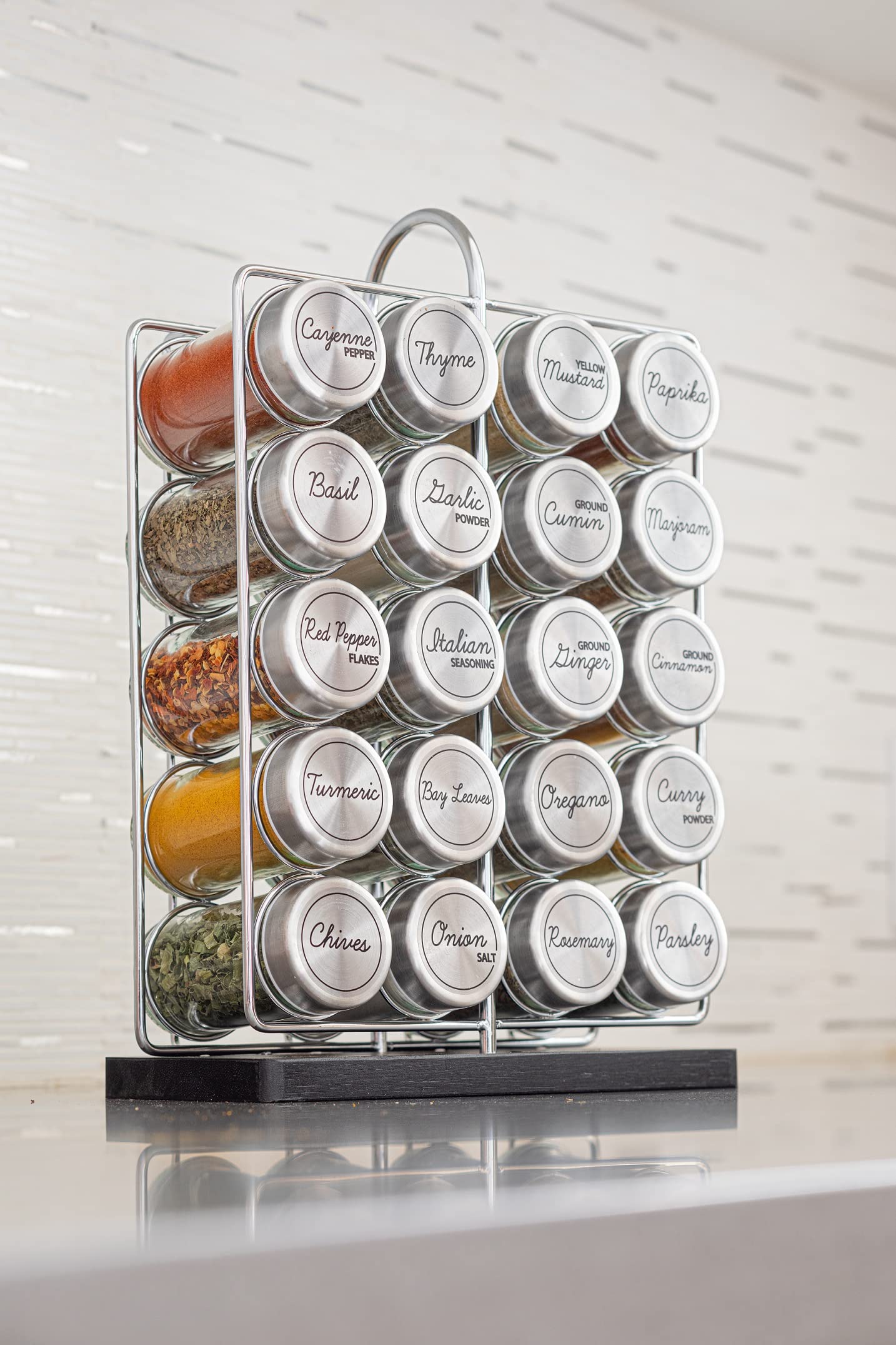 Orii spice refill packaging and jars arranged neatly for restocking.