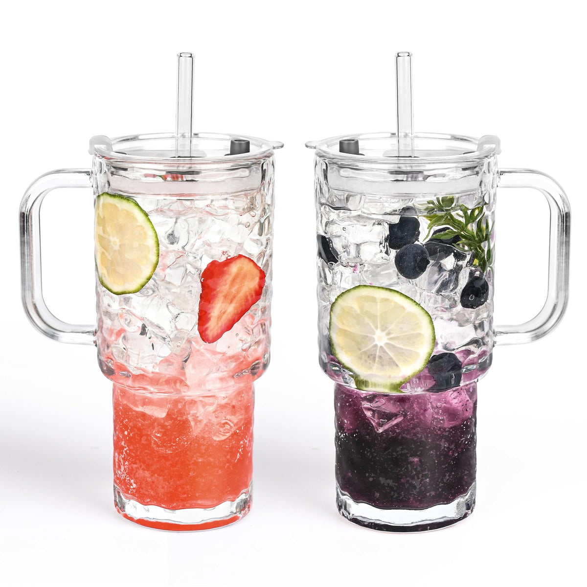 Oroklis 18oz glass tumbler with handle and lid, front view, ideal for everyday coffee.
