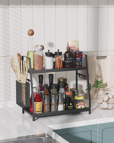 OROPY 2-tier spice rack front view highlights sturdy metal frame and accessible jars