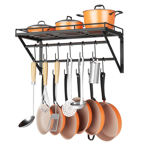 OROPY wall-mounted pot rack with two-tier rails keeps pans organized and accessible
