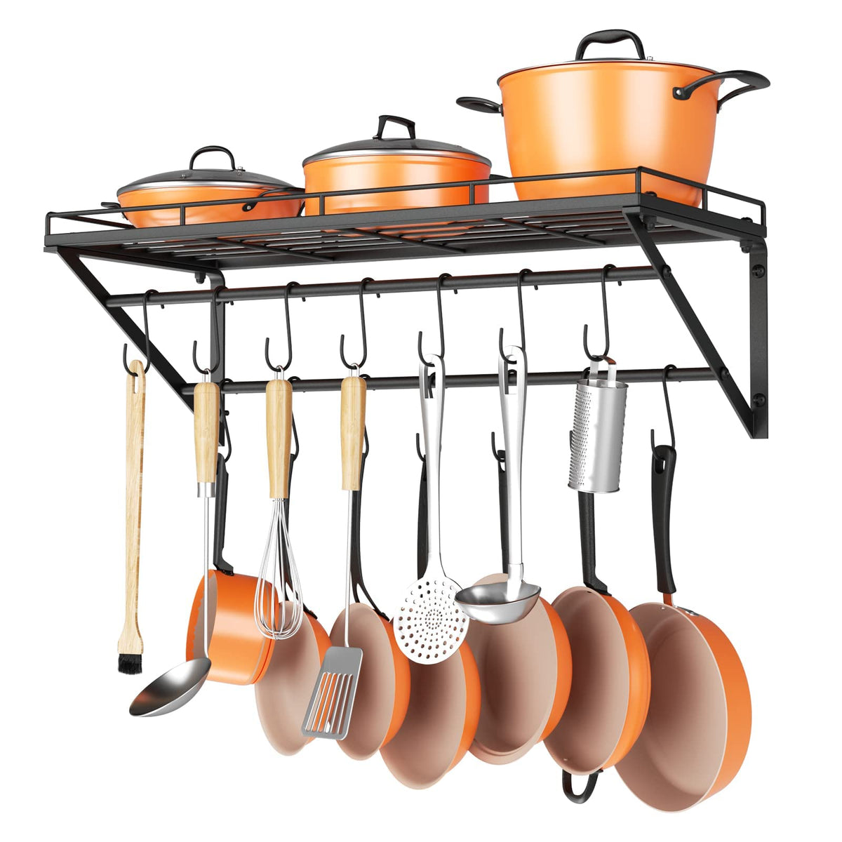 OROPY 31-inch wall-mounted pot rack with two-tier rails for organized cookware.