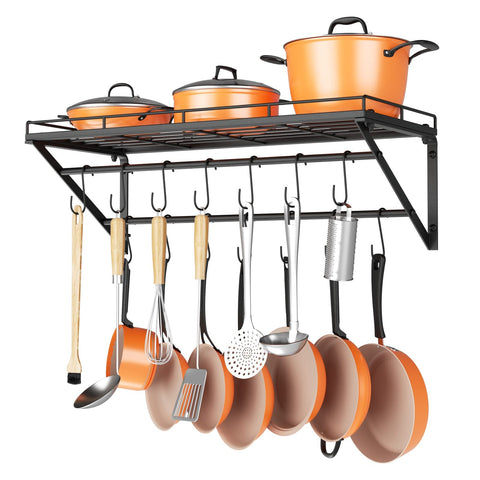 OROPY 31-inch wall-mounted pot rack with two-tier rails for organized cookware.