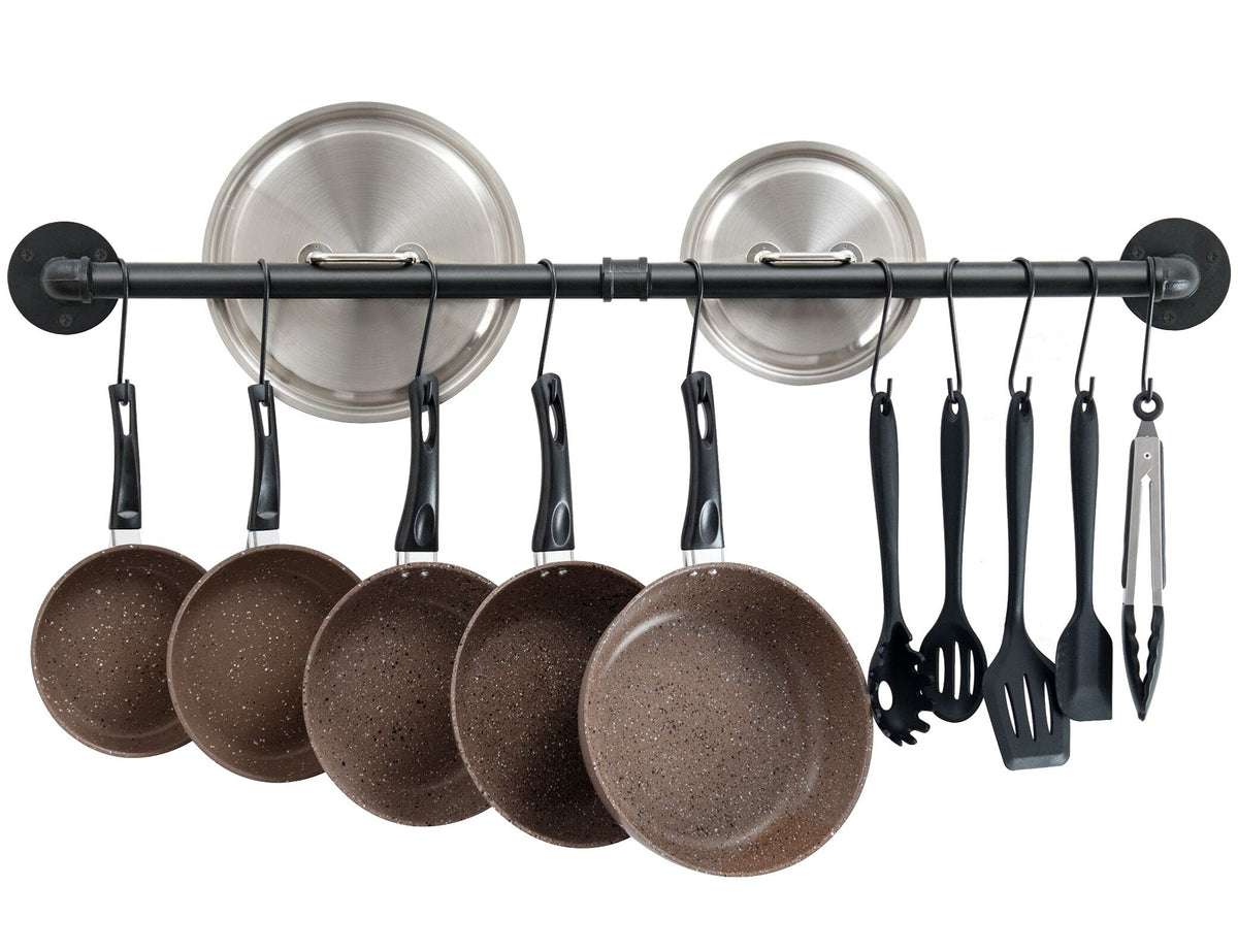 OROPY 38-inch wall-mounted pot rack keeps pans organized and accessible.