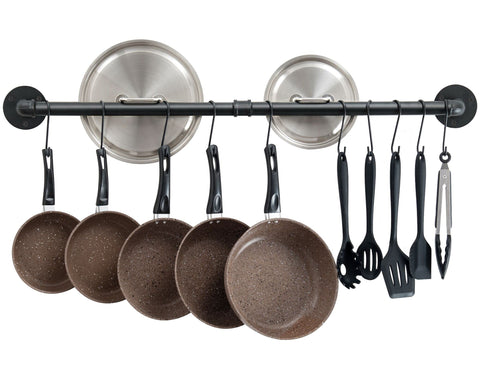 OROPY 38-inch wall-mounted pot rack keeps pans organized and accessible.