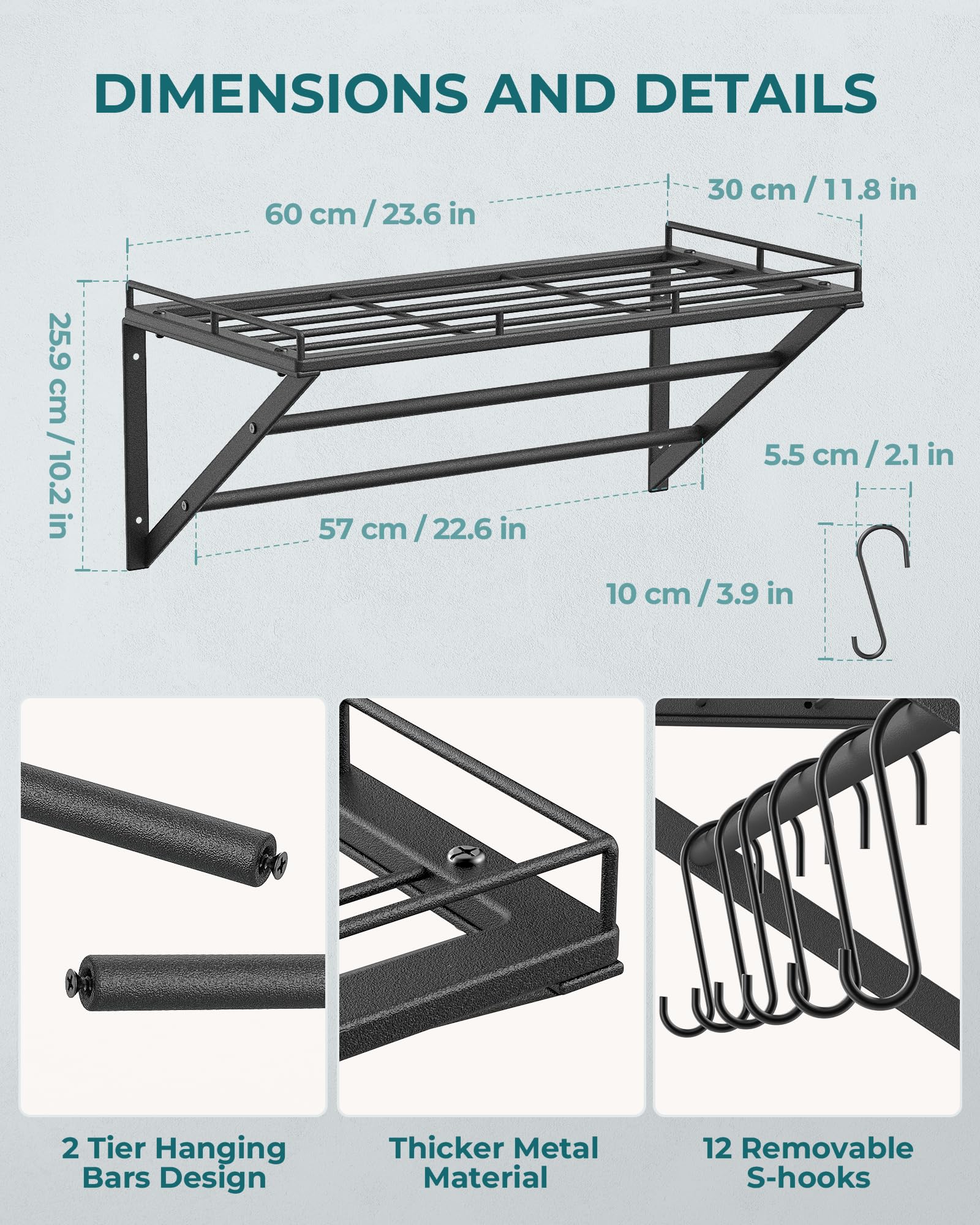 OROPY black-finish kitchen pot rack blends with decor while organizing cookware