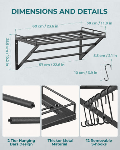 OROPY black-finish kitchen pot rack blends with decor while organizing cookware