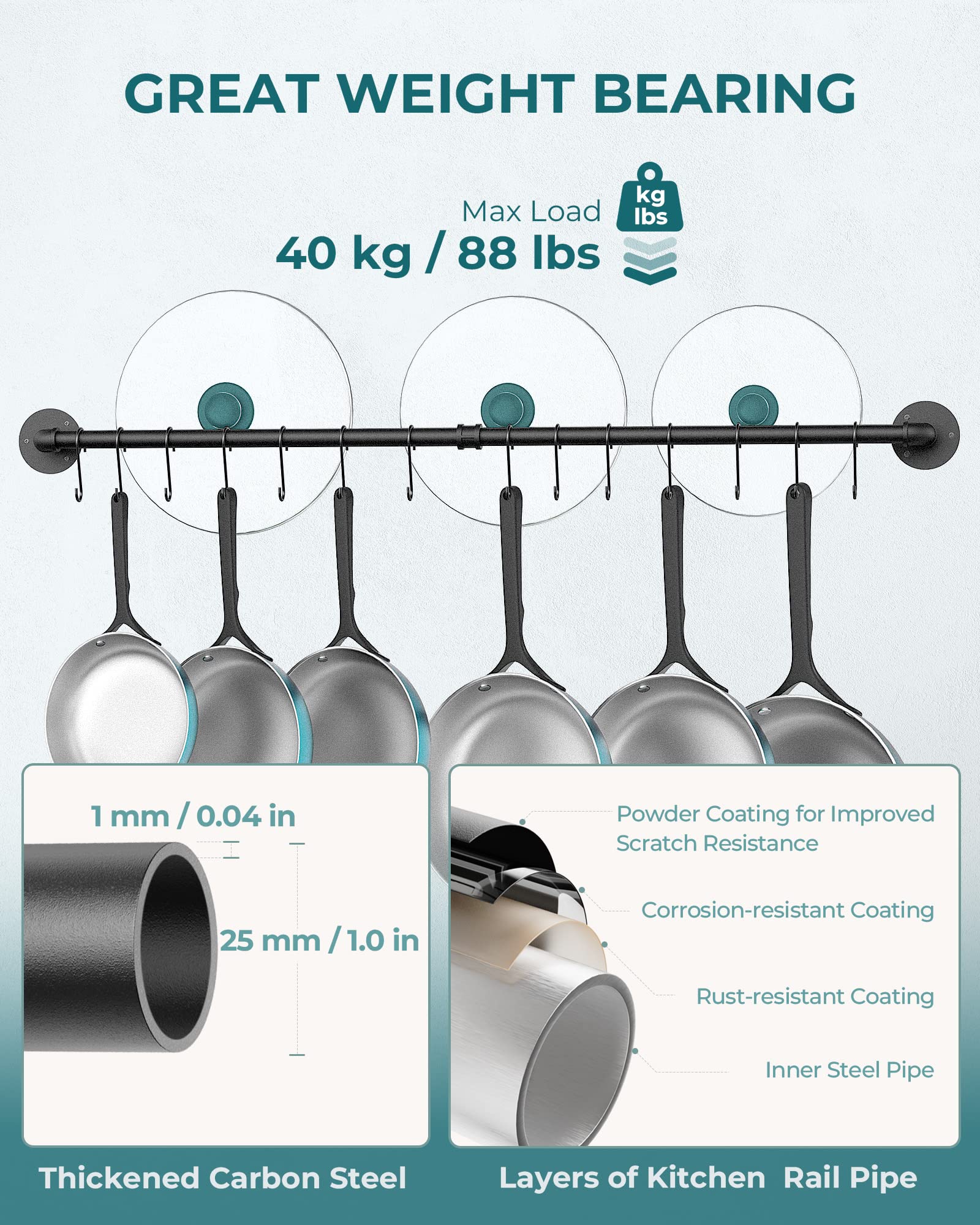 OROPY matte finish kitchen rail resists scratches and rust.