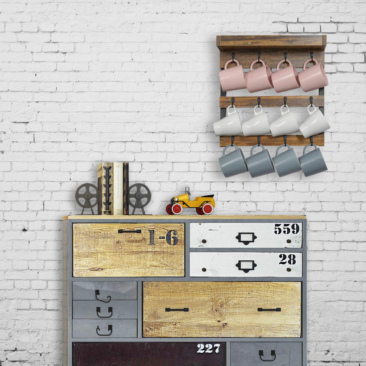 OROPY wall-mounted mug rack with top shelf for pods and tea bags