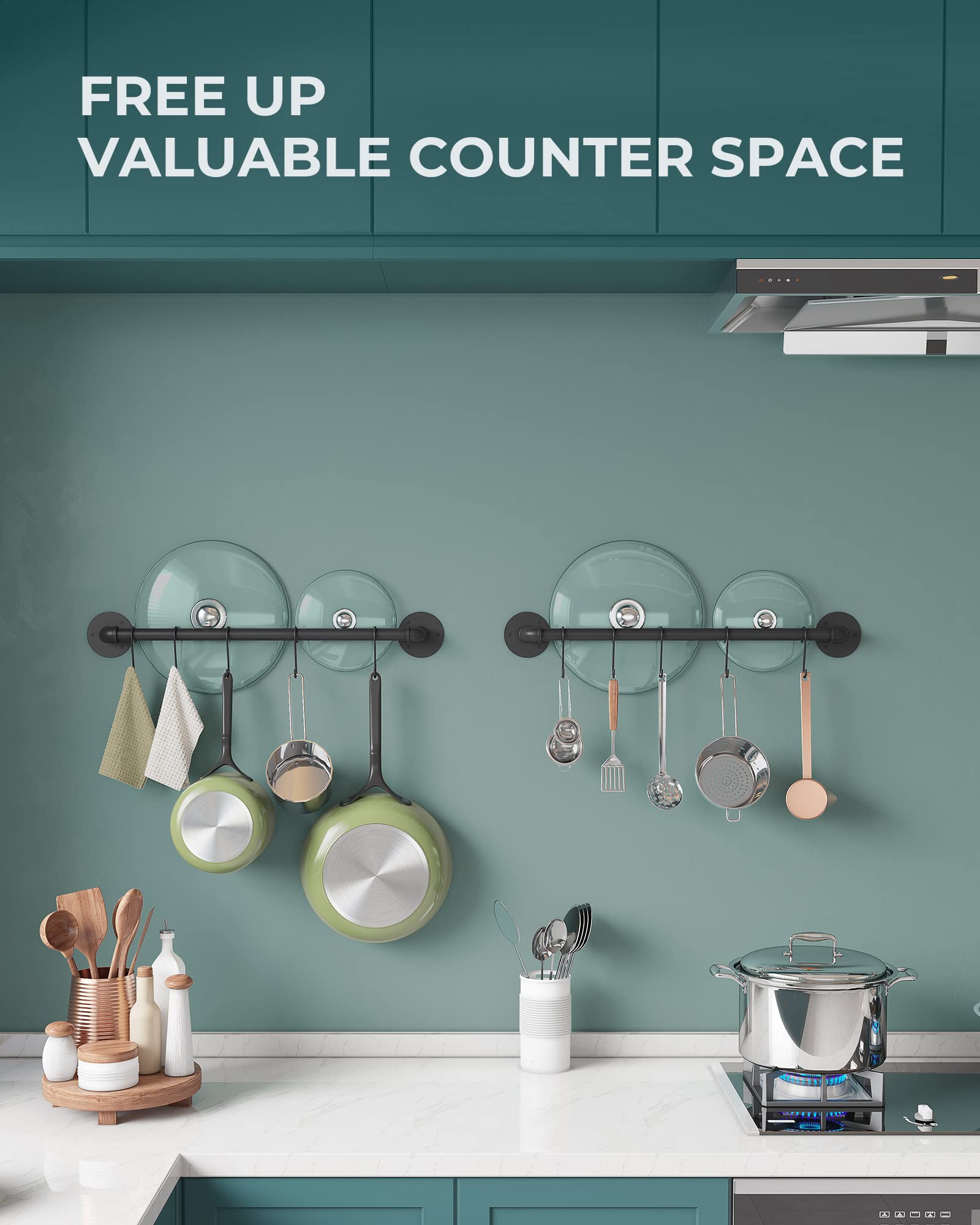 OROPY pots and pans neatly hung on wall rack demonstrating space saving.