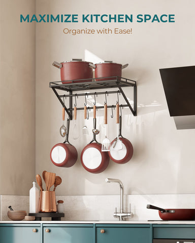 OROPY pots-pans-storage-rack-with-shelf keeps lids and bakeware within reach