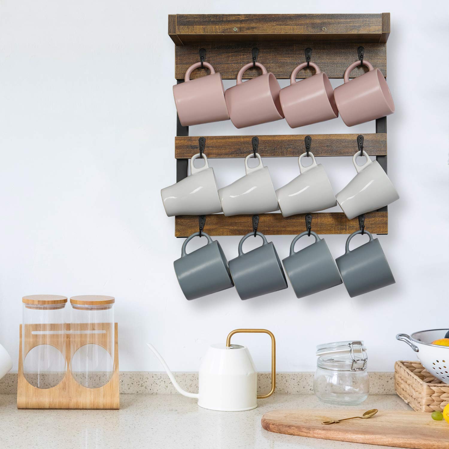 OROPY rustic wood mug rack adds warm display while saving cabinet space