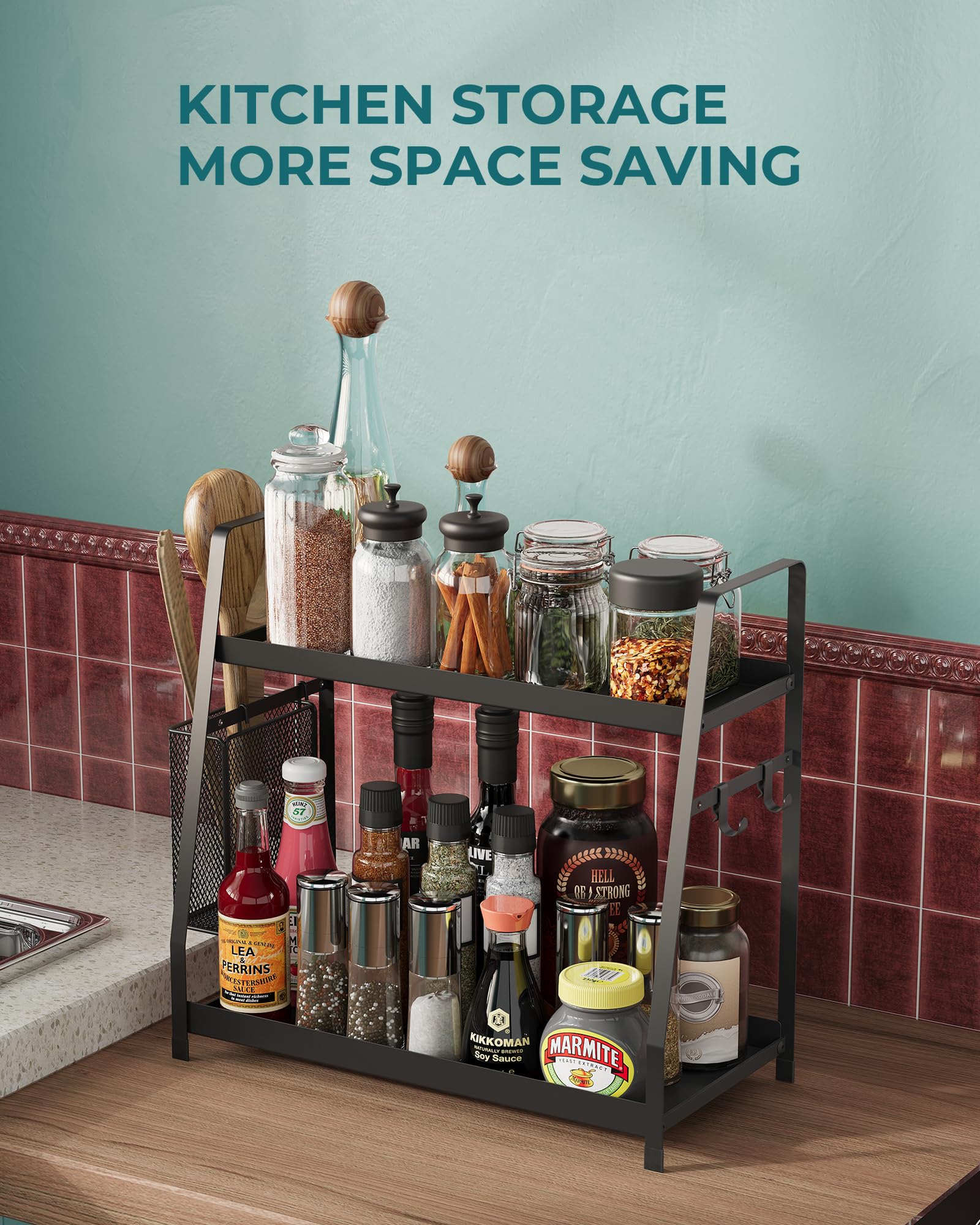 OROPY spice rack with hanging basket demonstrates extra storage for utensils and herbs