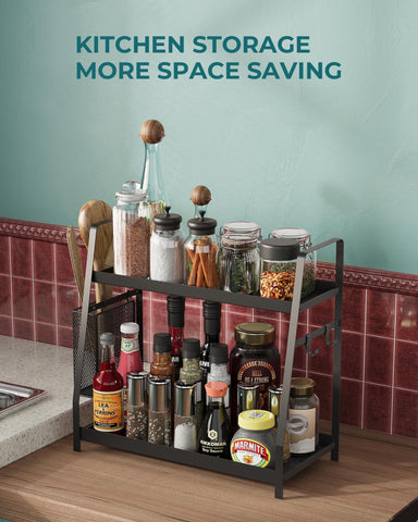 OROPY spice rack with hanging basket demonstrates extra storage for utensils and herbs