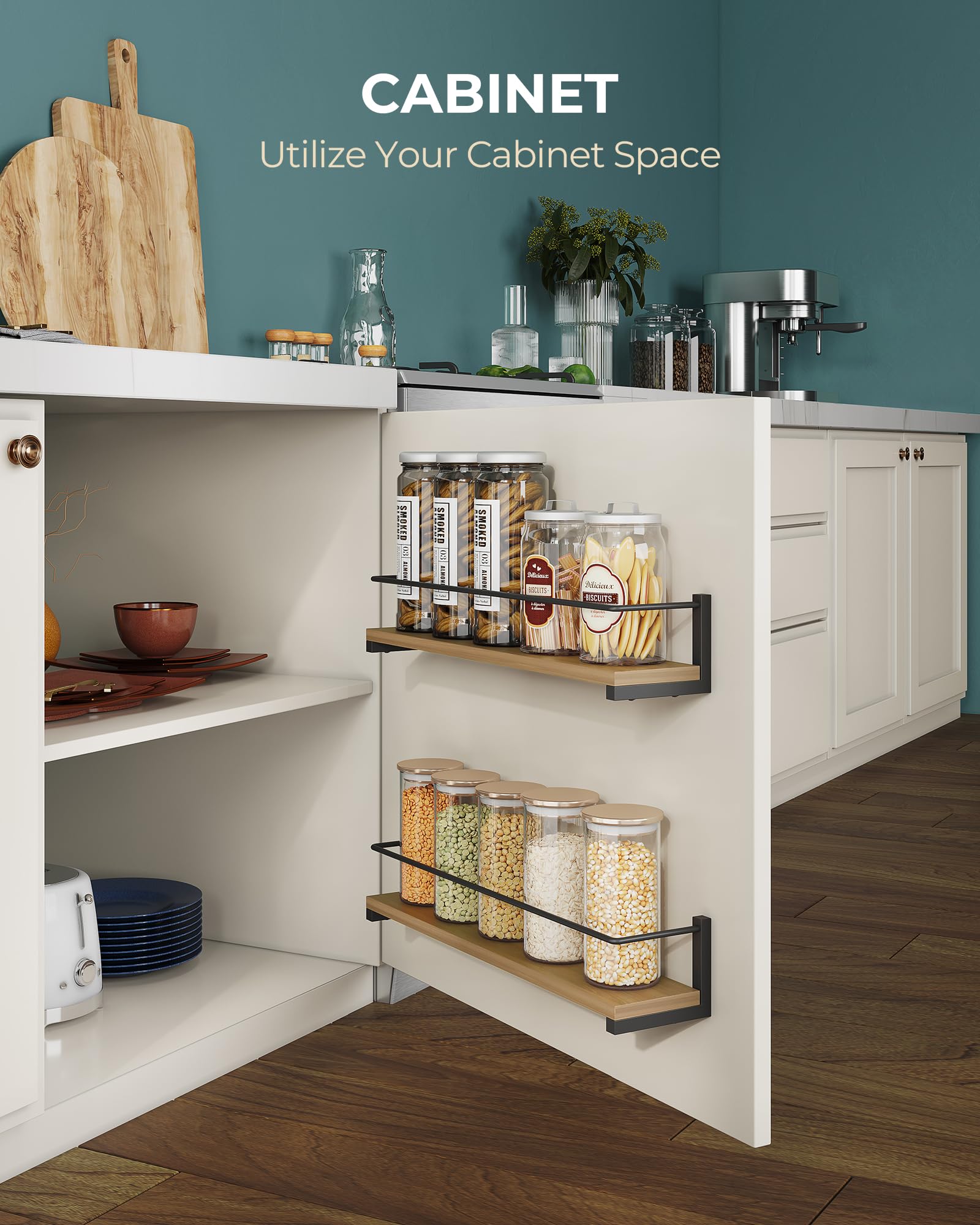 OROPY organized spices on wall maximizing counter space and tidiness.
