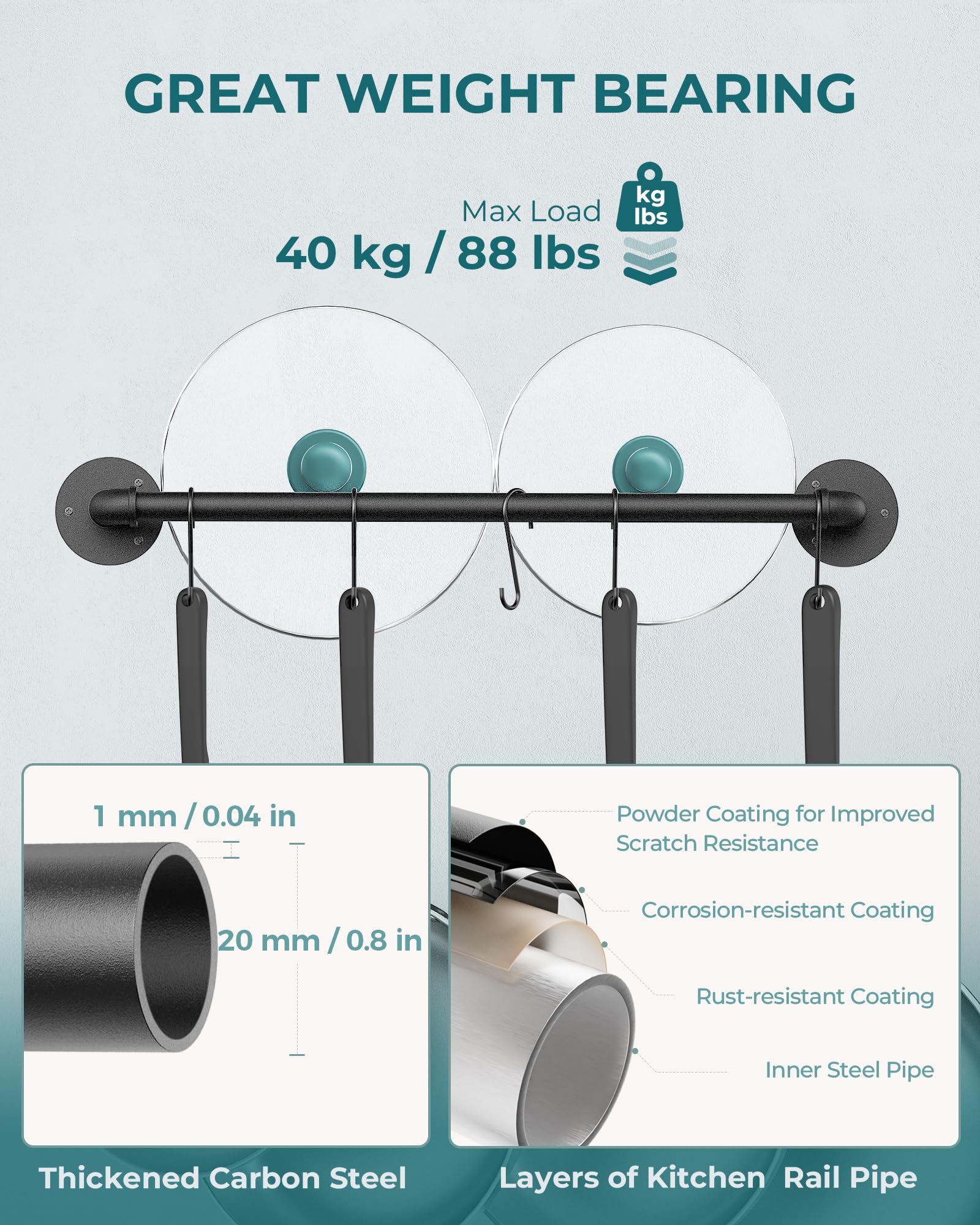 OROPY sturdy iron construction supports up to 80 lbs for cookware.