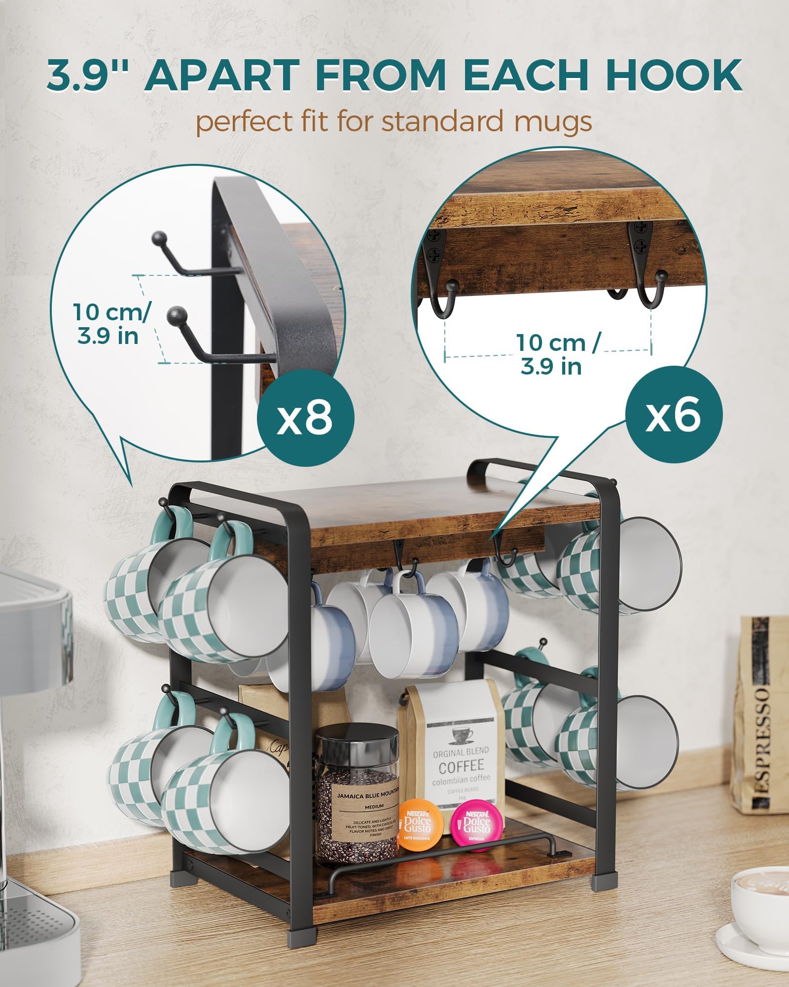 OROPY wooden coffee bar organizer sturdy iron frame supports mugs securely