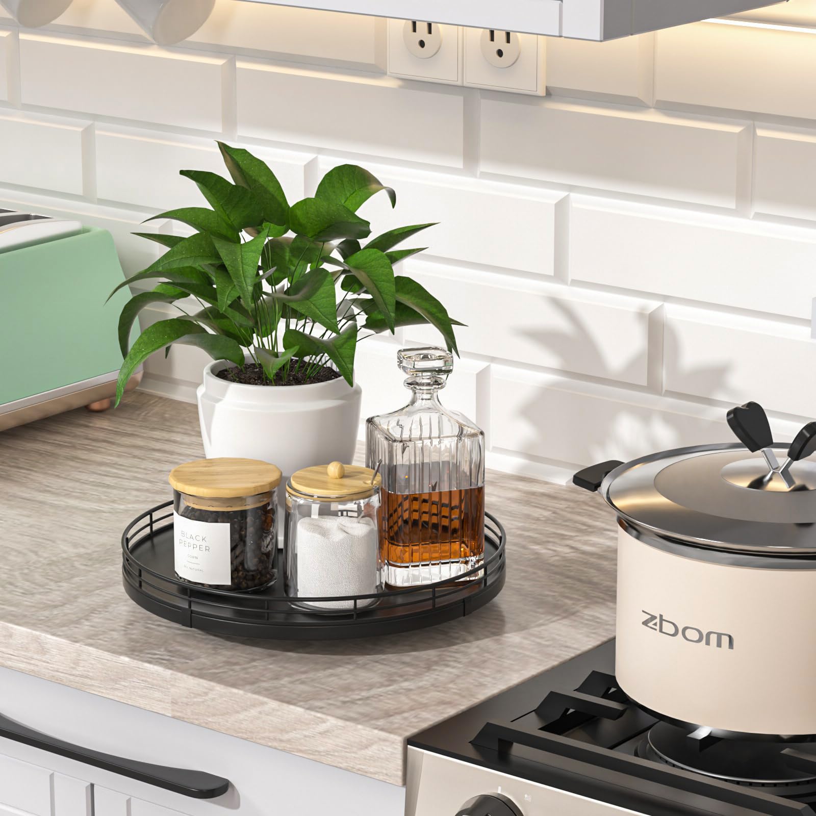 Oroyutor lazy Susan on kitchen counter displaying spices and oils