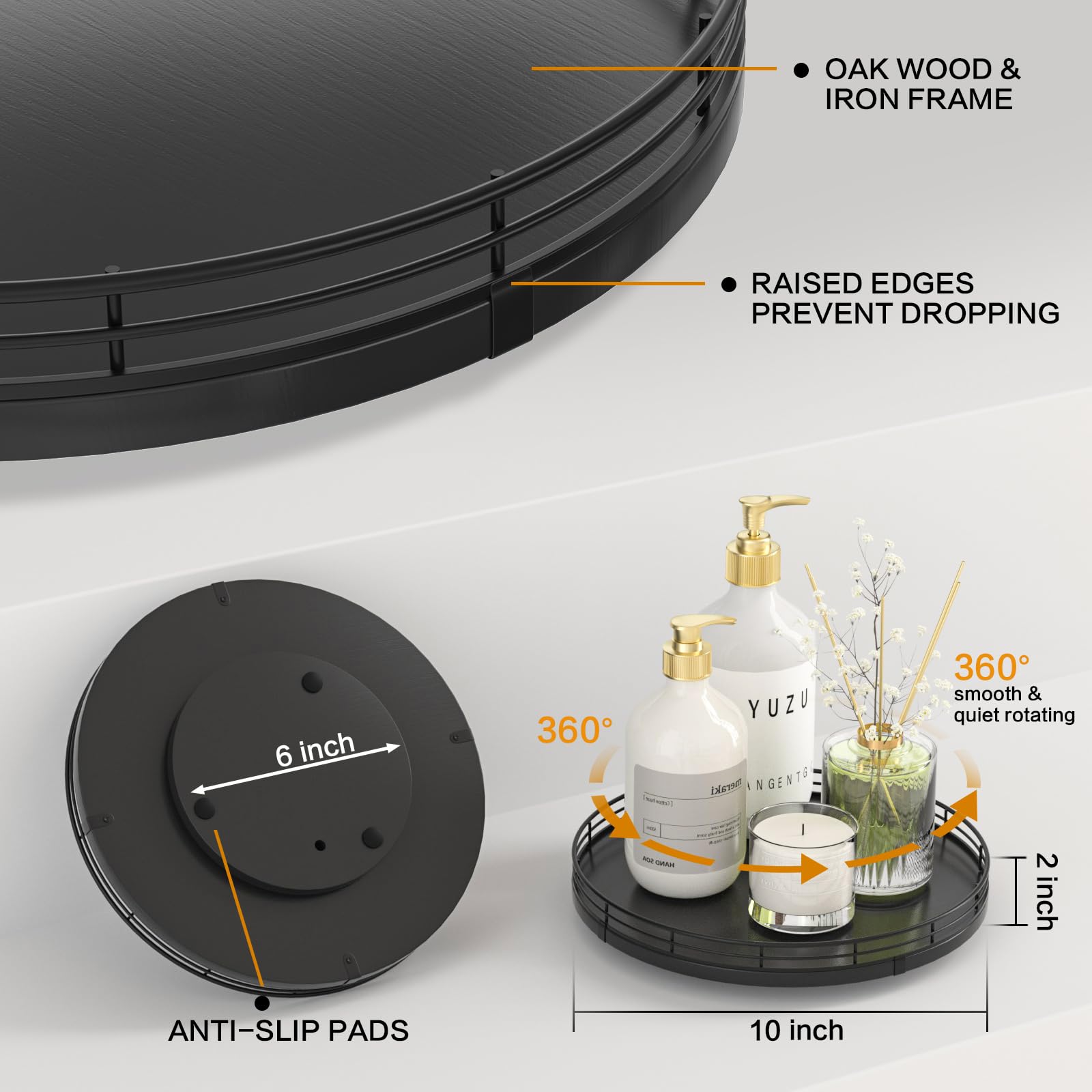 Oroyutor oak wood turntable on pantry shelf with raised edges to prevent spills