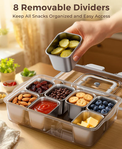 Osfel Snackle Box eight removable cups illustrate versatile portioning and spill prevention.