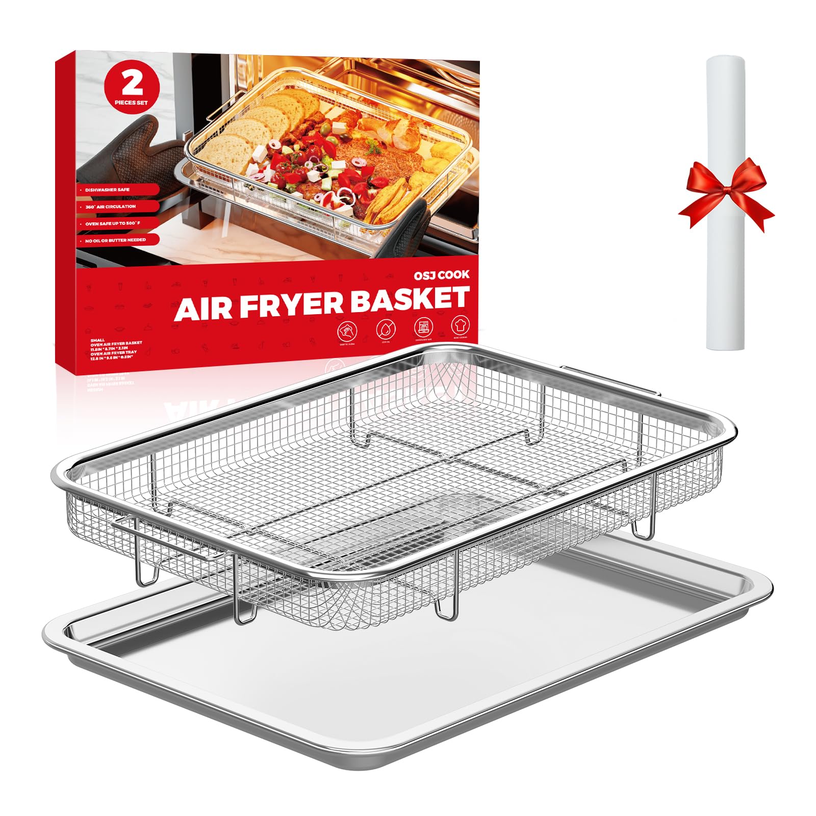 OSJ COOK air fryer basket in oven for crispy results with minimal oil.