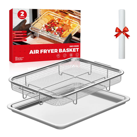 OSJ COOK air fryer basket in oven for crispy results with minimal oil.