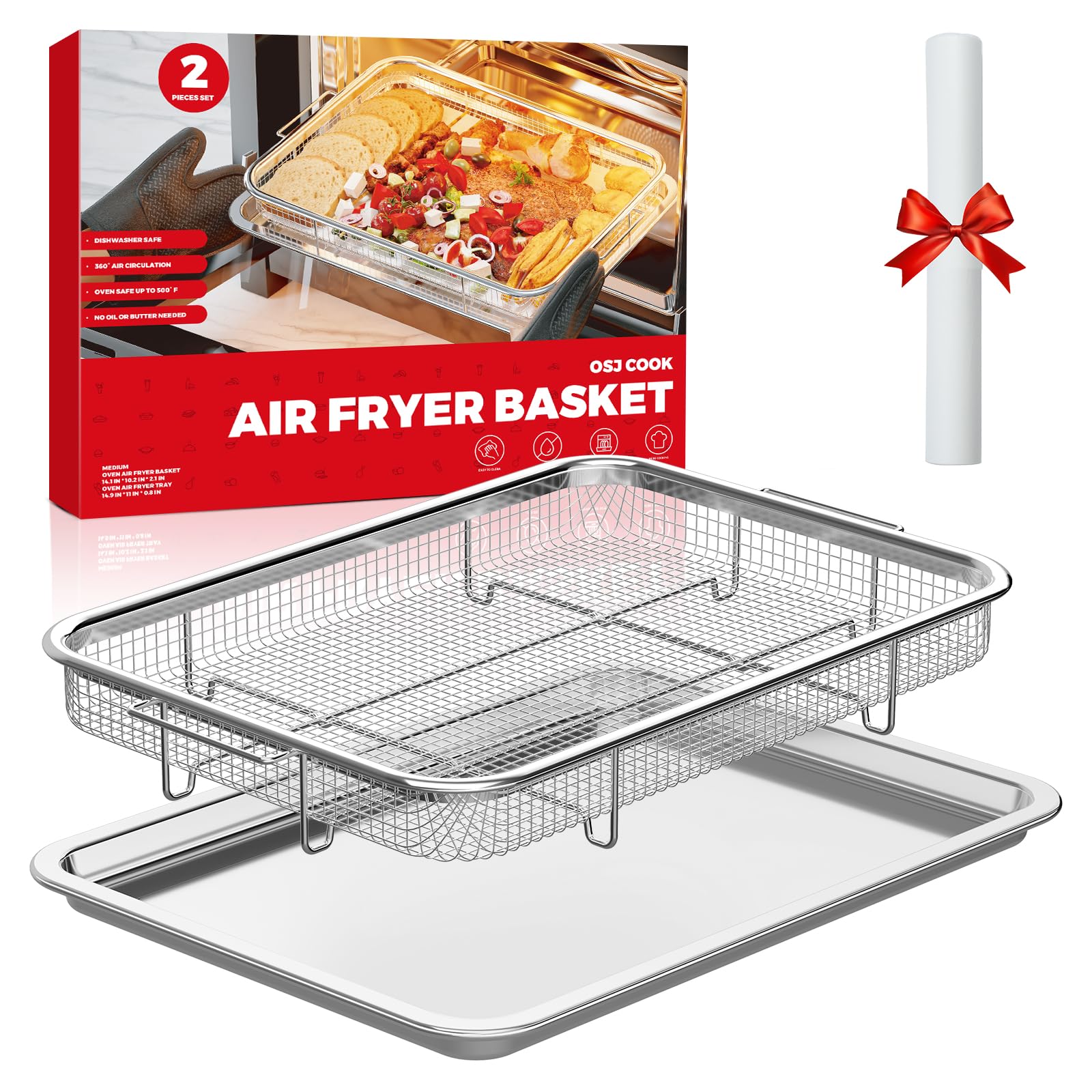OSJ COOK air fryer basket for oven shown with even heat for crispy results