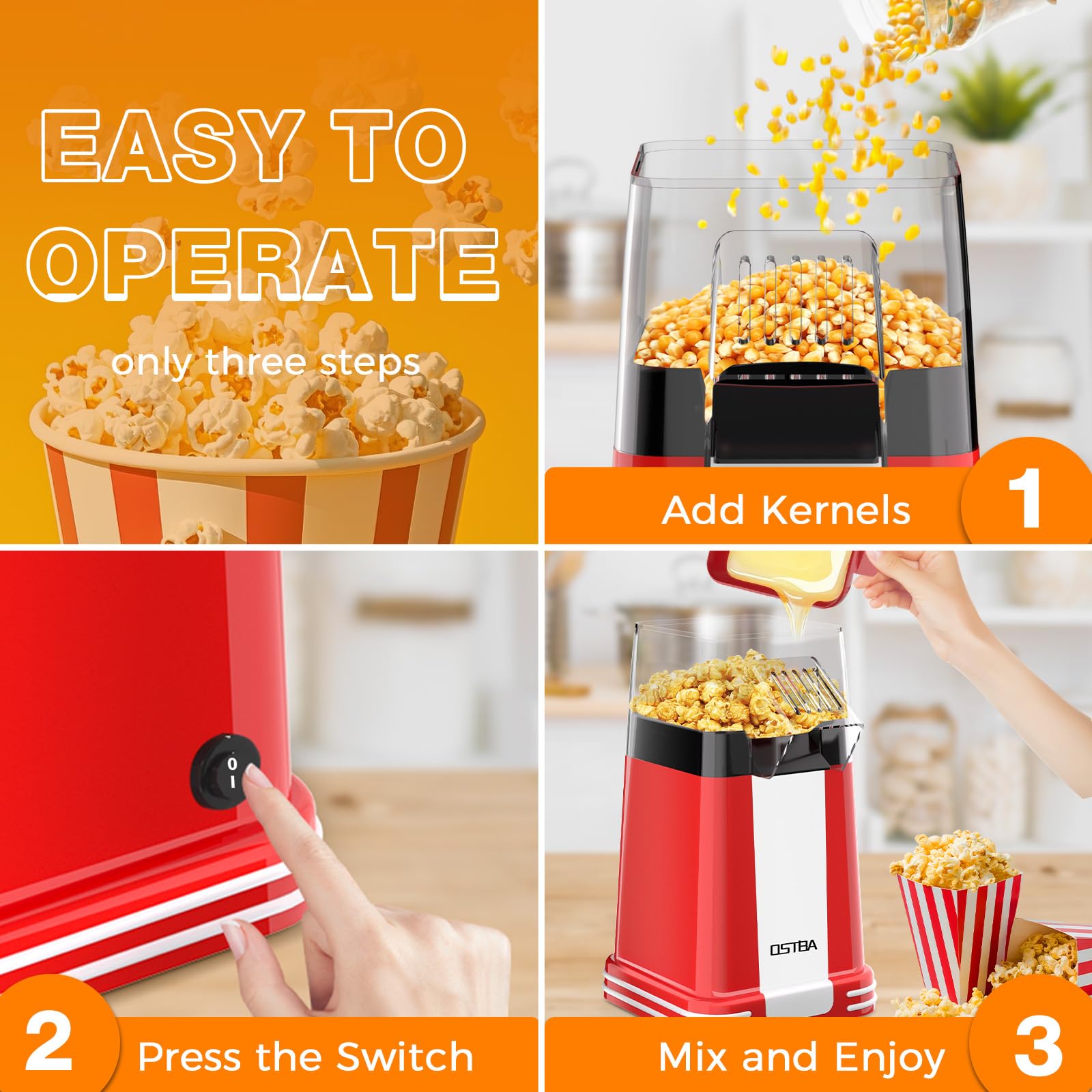 OSTBA Popcorn Maker 12-cup capacity supports family movie nights