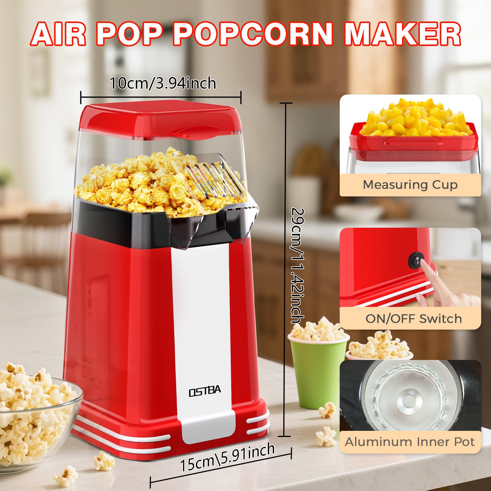 OSTBA Popcorn Maker 1200W power delivers fast popping performance