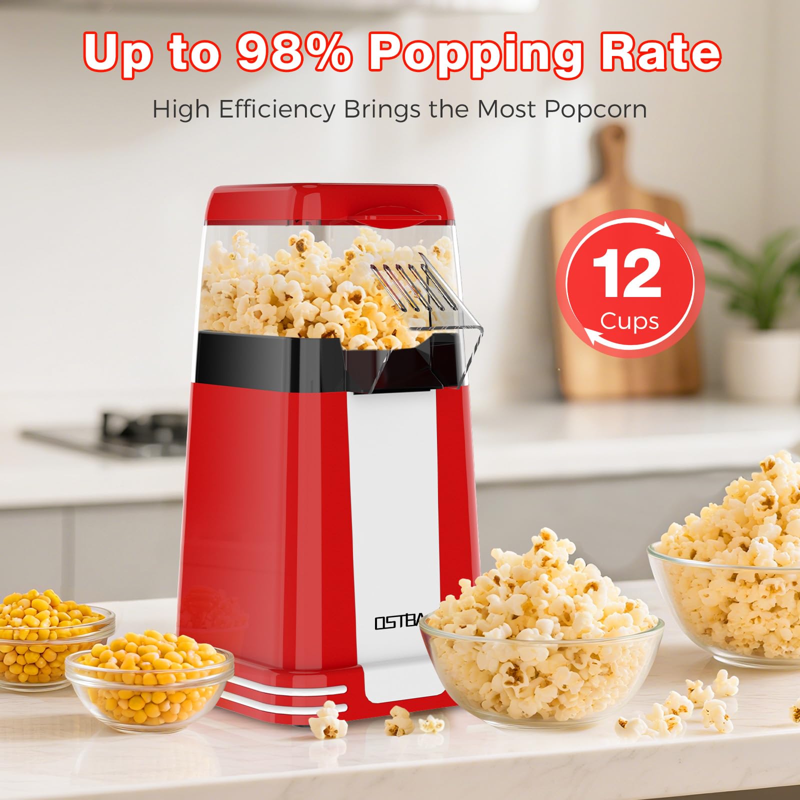 OSTBA Popcorn Maker front view showing compact retro design for home use
