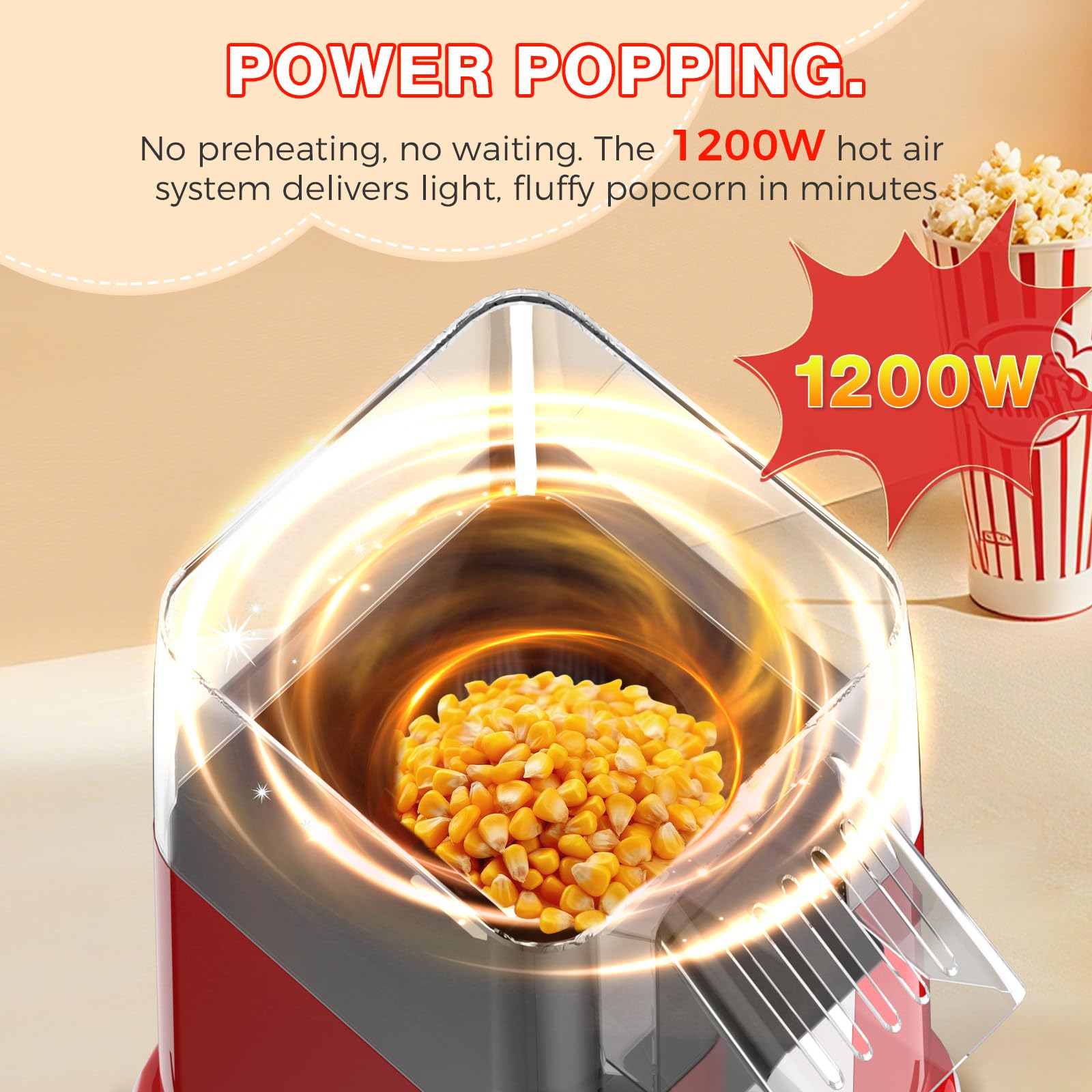 OSTBA Popcorn Maker side view highlighting 1200W power and efficient popping