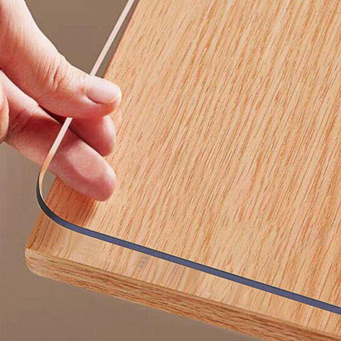 OstepDecor clear table protector edge close-up shows crystal clarity and edge protection
