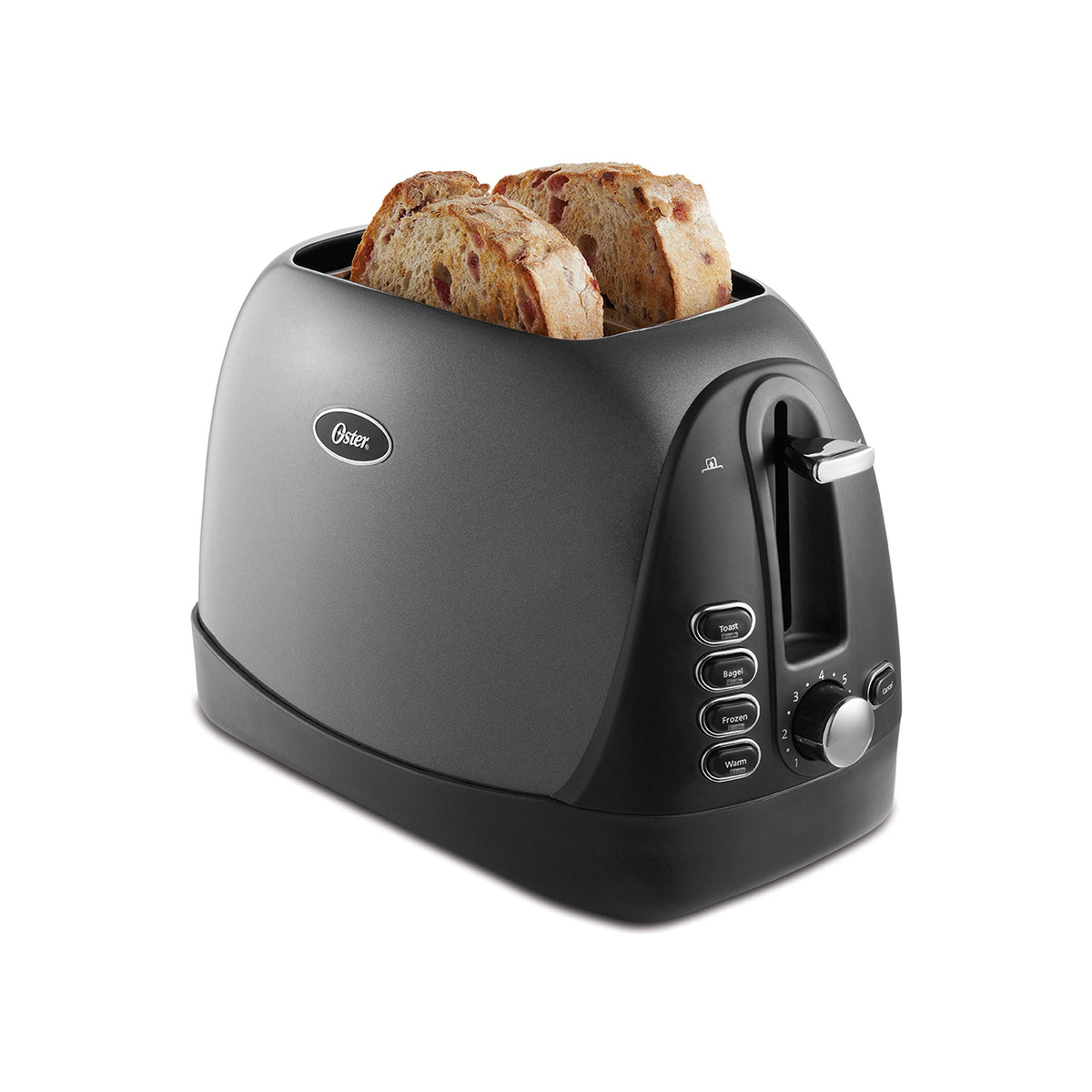Oster 2 Slice Toaster front view with metallic grey finish for quick, even browning.